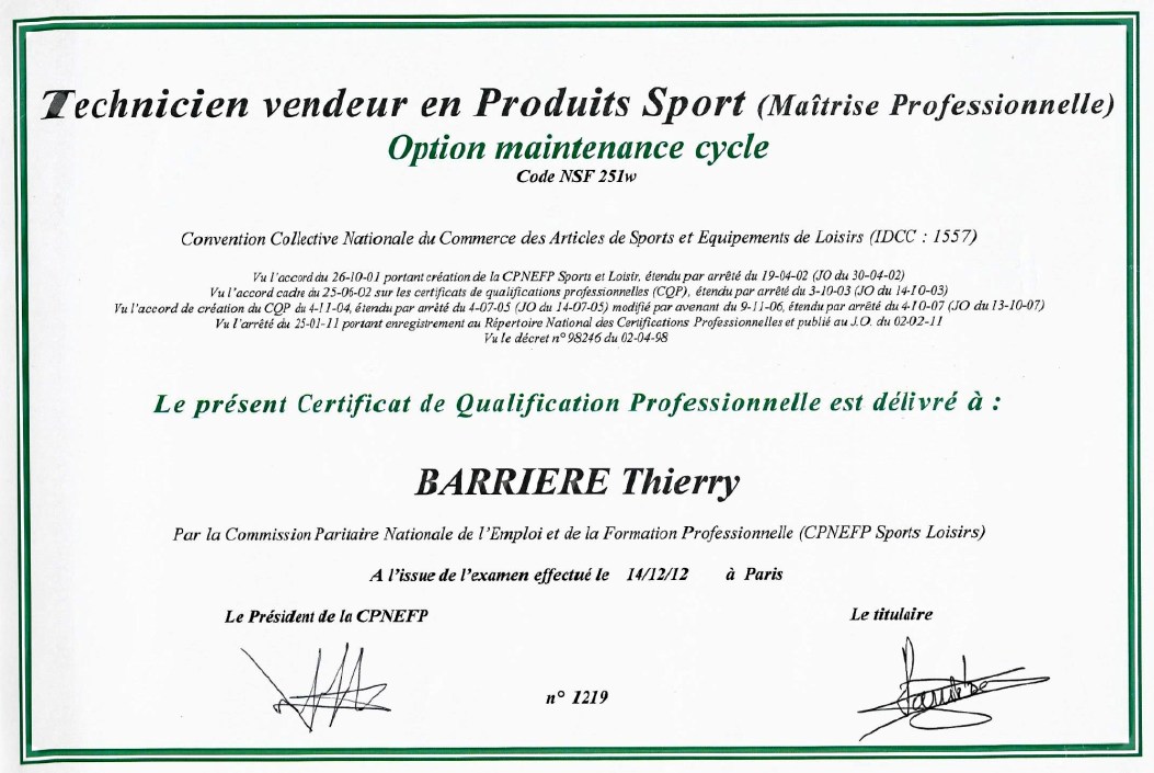 Diplôme CNPC Technicien vendeur cycle